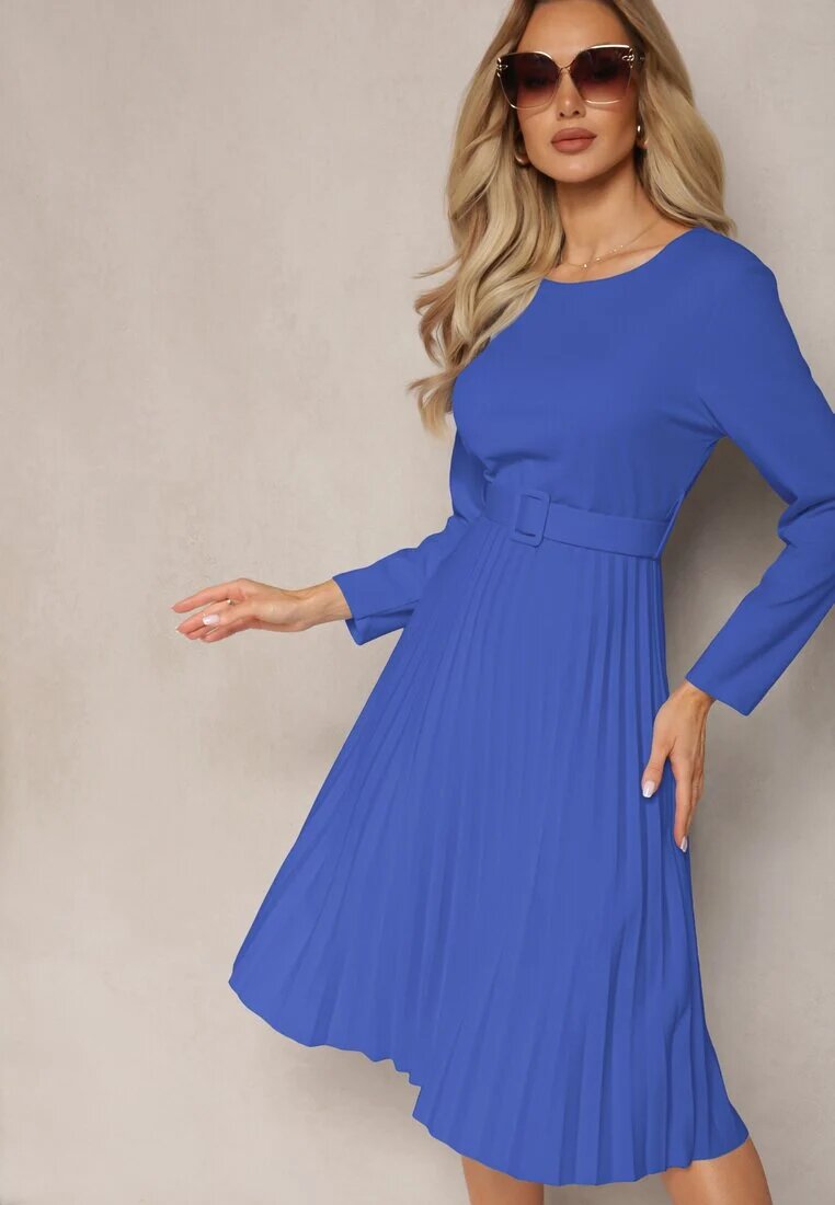  Rochie Plisată Bleumarin Midi cu curea în talie Pailomena