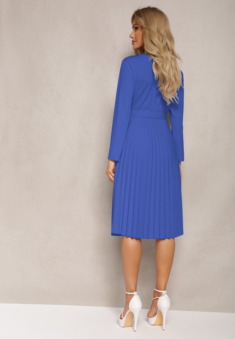  Rochie Plisată Bleumarin Midi cu curea în talie Pailomena