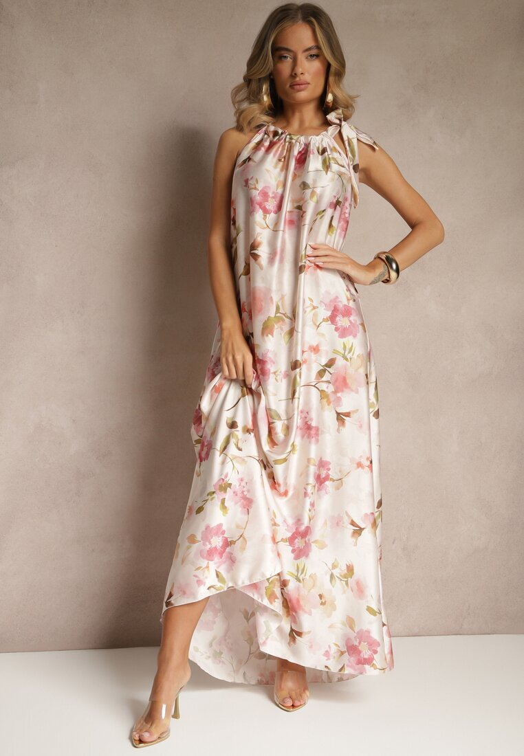  Rochie roz din Satin cu Model Floral Fenimea