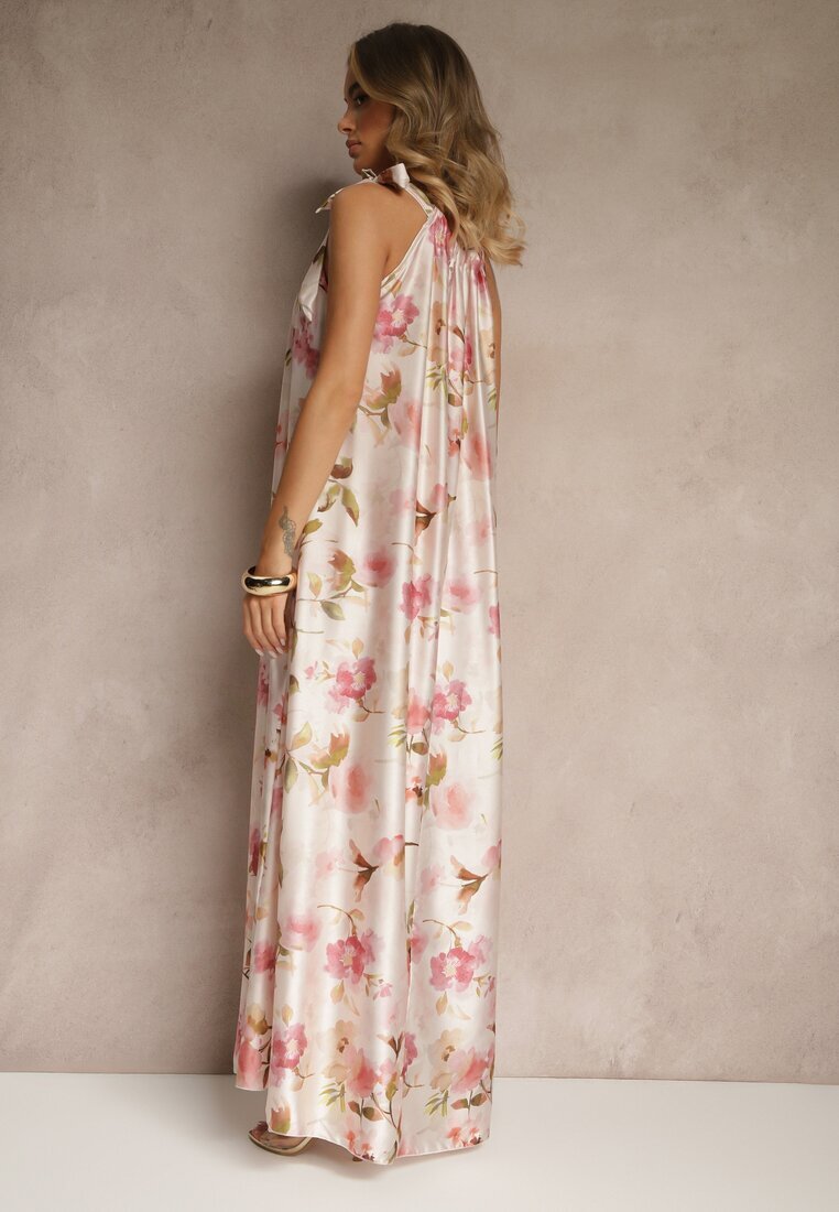  Rochie roz din Satin cu Model Floral Fenimea