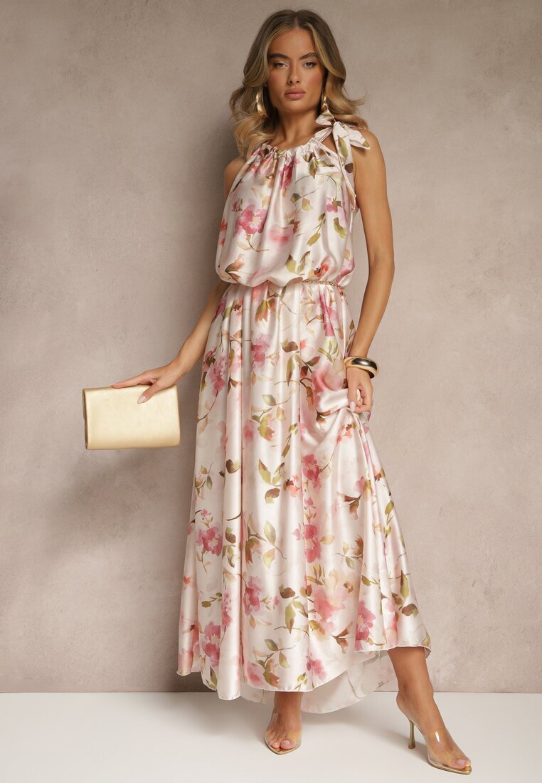  Rochie roz din Satin cu Model Floral Fenimea