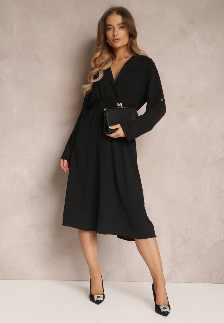  Rochie Tip Cămașă Neagră Midi cu elastic în talie Natelin