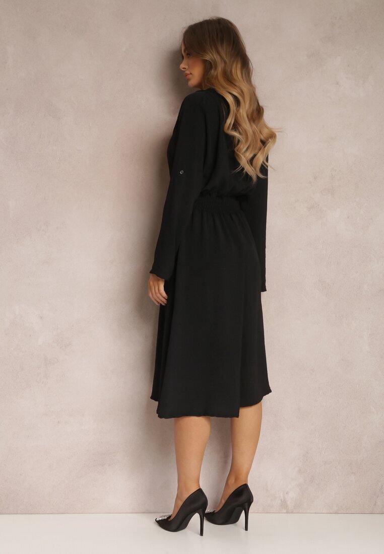  Rochie Tip Cămașă Neagră Midi cu elastic în talie Natelin
