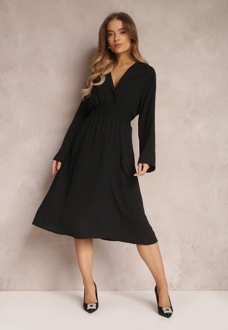  Rochie Tip Cămașă Neagră Midi cu elastic în talie Natelin
