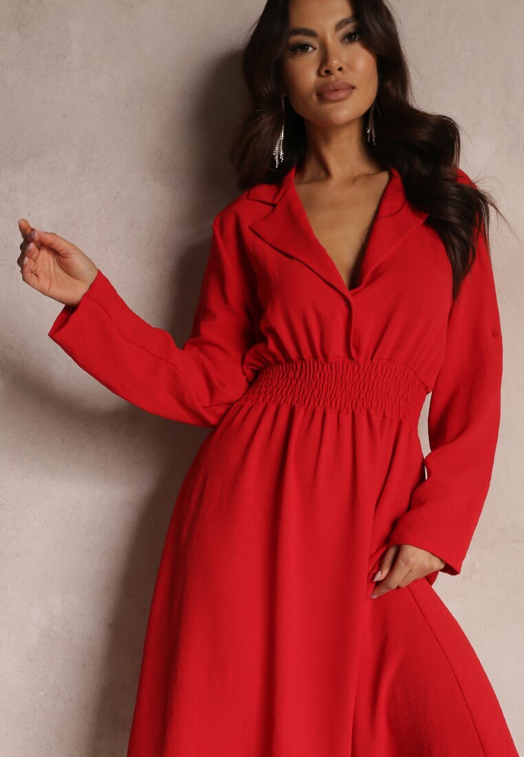  Rochie tip cămașă roșie Midi cu elastic în talie Natelin