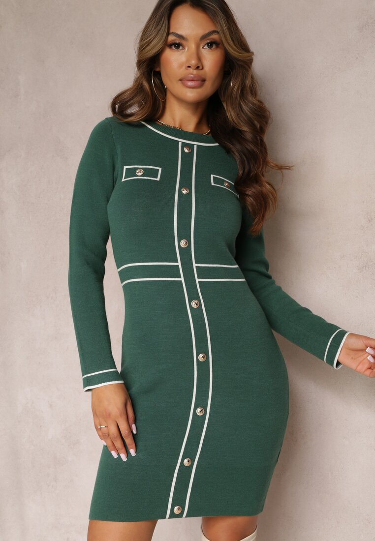  Rochie Tricotată Verde cu nasturi și cusături Josphinne