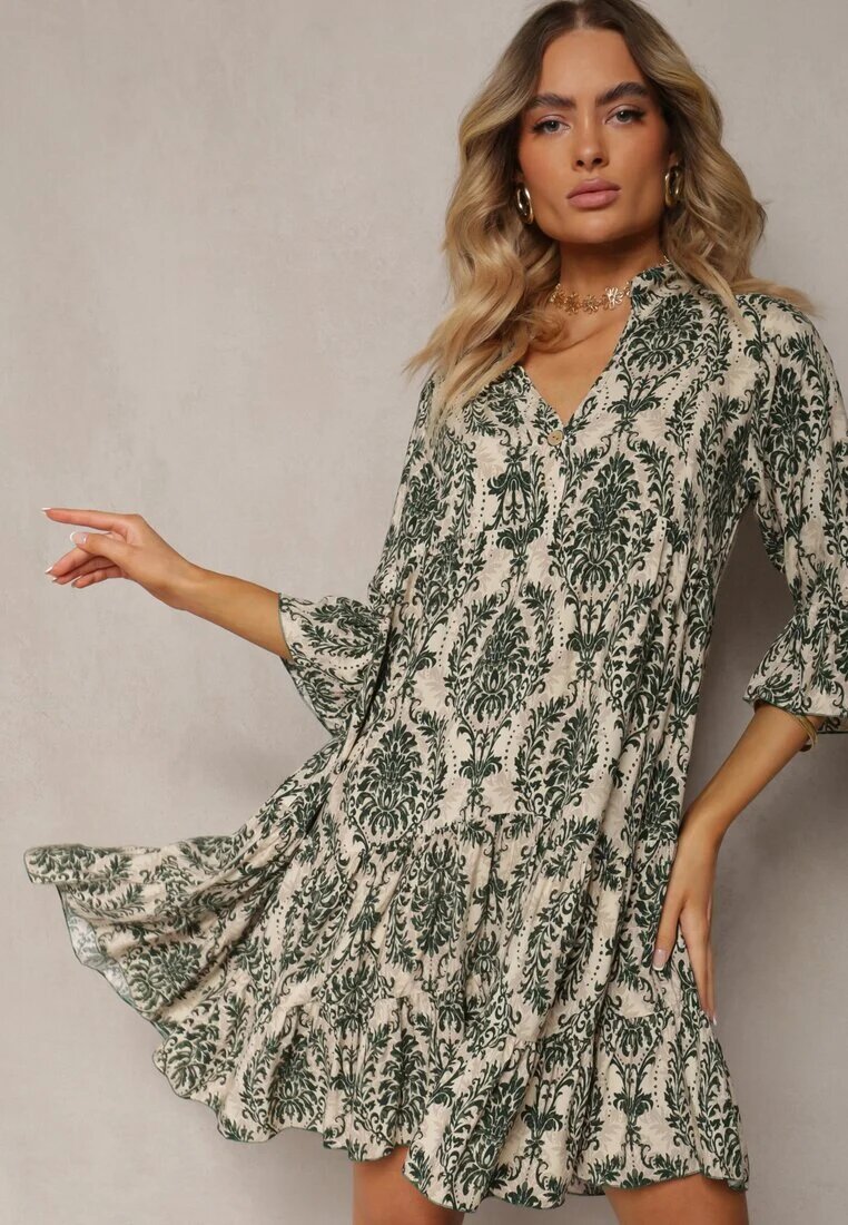  Rochie Verde din Bumbac cu Croi Evazat Finisată cu Volan Niloa