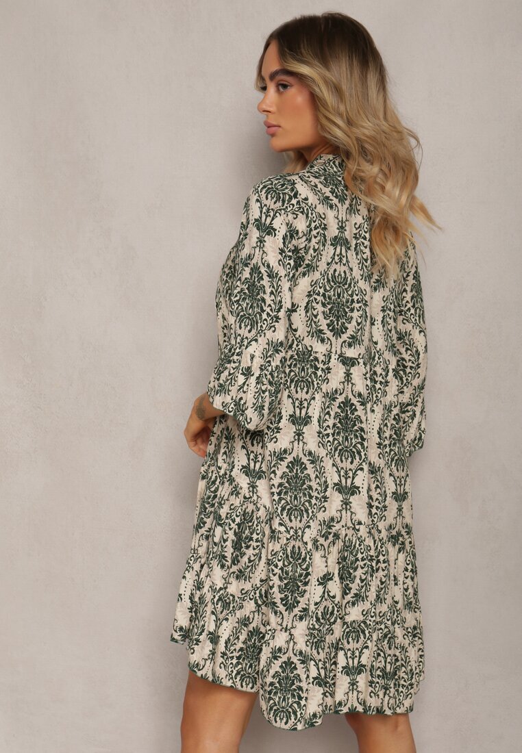  Rochie Verde din Bumbac cu Croi Evazat Finisată cu Volan Niloa