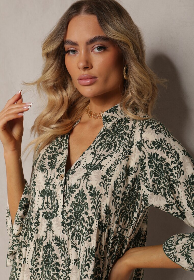  Rochie Verde din Bumbac cu Croi Evazat Finisată cu Volan Niloa