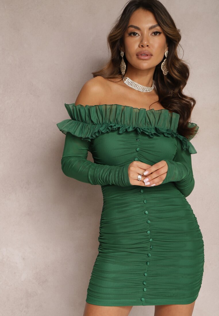  Rochie Verde închis Mulată Spaniolă cu Plasă și Volan Sprlia