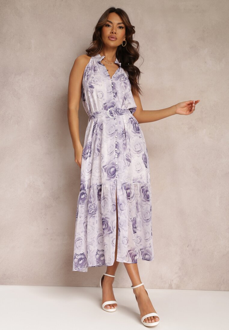  Rochie Violet Evazată Florală cu curea Ademora