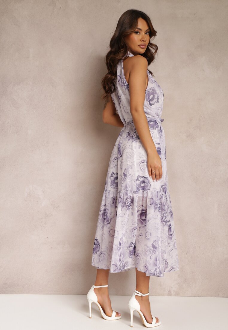  Rochie Violet Evazată Florală cu curea Ademora