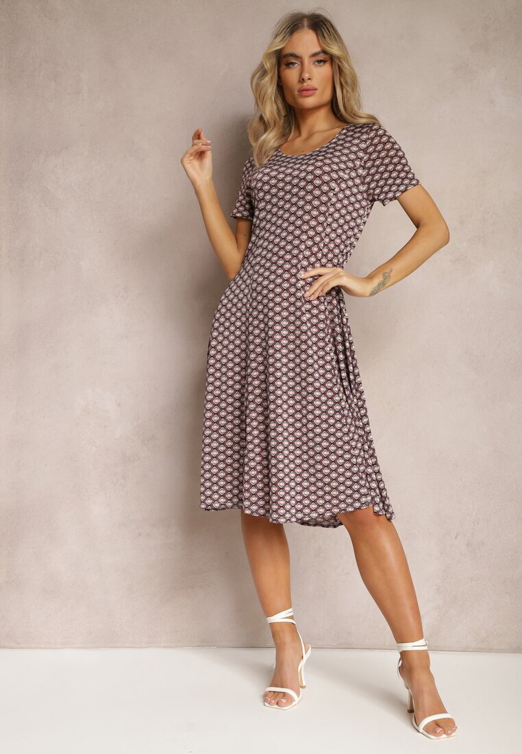  Rochie Viscoză Bordeaux-Bej cu Fason Cloș Ibelia