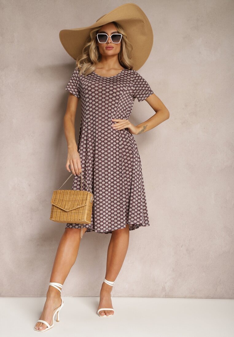  Rochie Viscoză Bordeaux-Bej cu Fason Cloș Ibelia