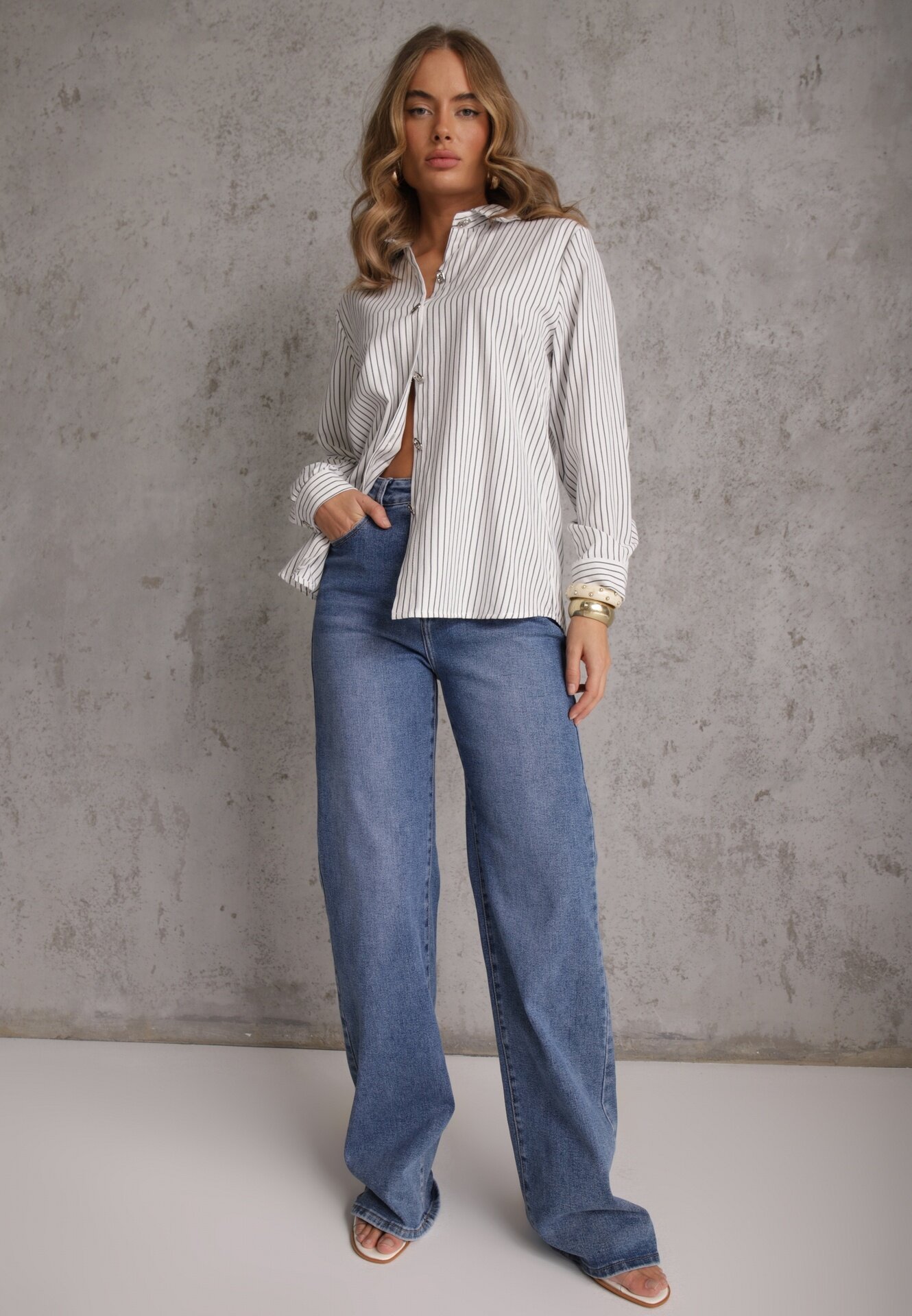 romee's Cămașă Albă din Bumbac cu Dungi cu Nasturi Ornați Mirasea