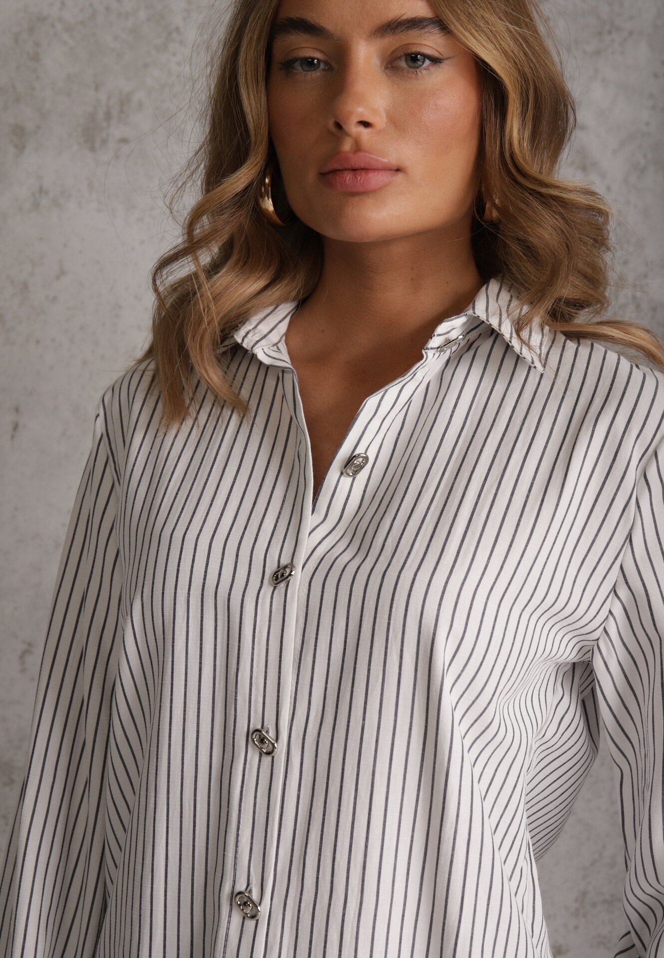 romee's Cămașă Albă din Bumbac cu Dungi cu Nasturi Ornați Mirasea