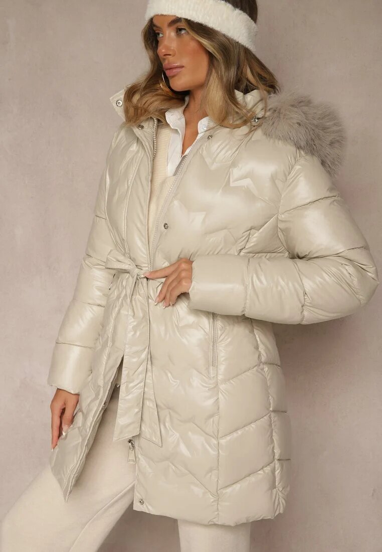 romee's Jachetă matlasată bej cu blană detașabilă și glugă decorată cu o curea Olinesa
