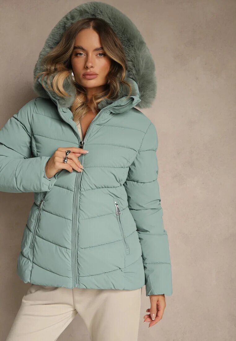 romee's Jachetă Matlasată Verde Deschis cu croială cambrată cu glugă cu blană Olidessa