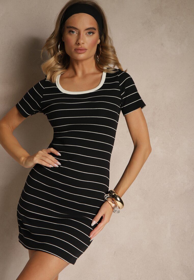 romee's Rochie Neagră Ajustată din Bumbac cu Motiv cu Dungi Ralessa