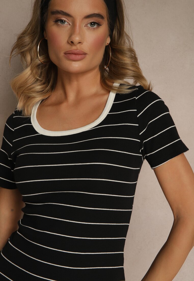 romee's Rochie Neagră Ajustată din Bumbac cu Motiv cu Dungi Ralessa