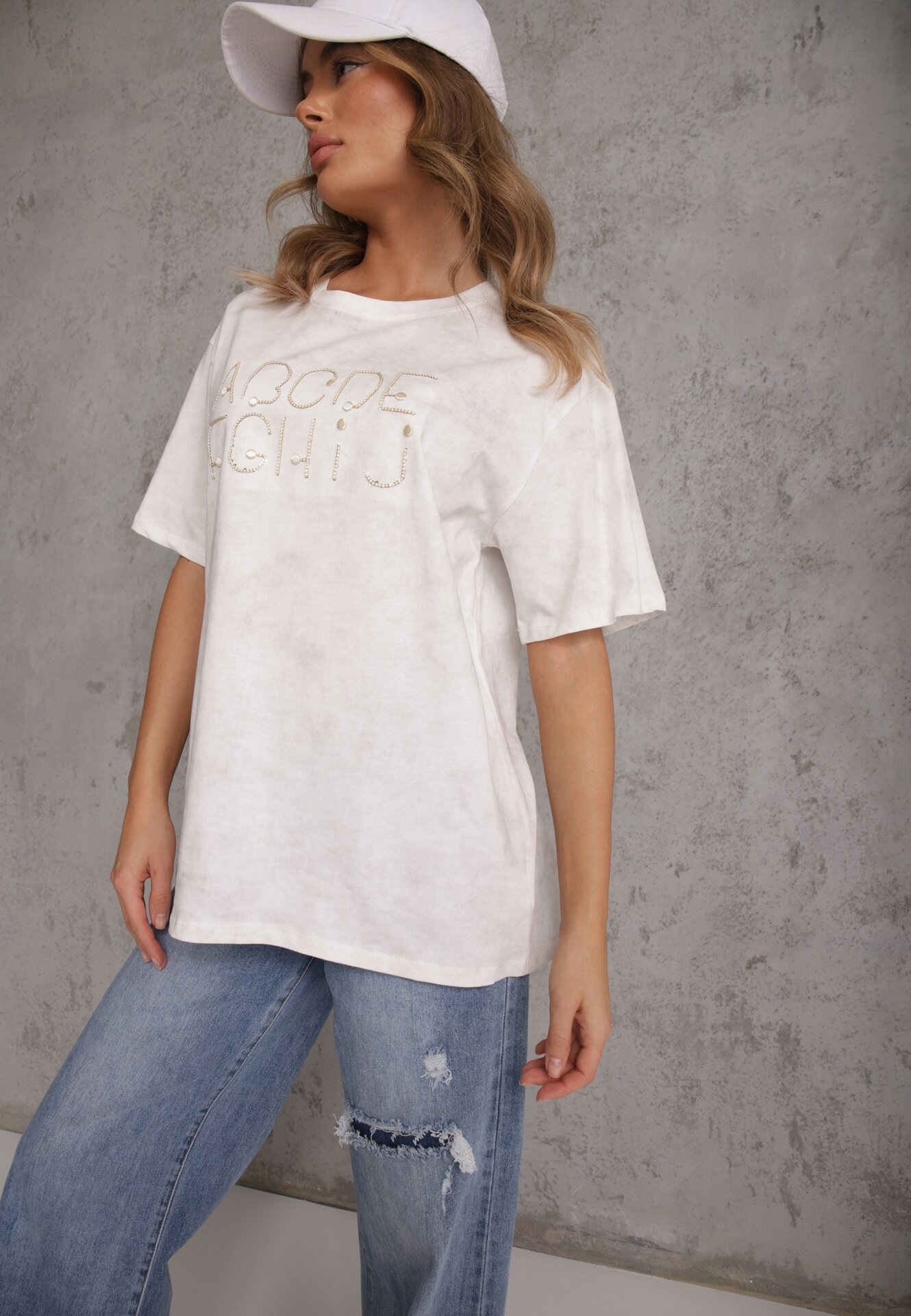 romee's Tricou Alb din bumbac Oversize cu Text Brodat cu Paiete Talomora