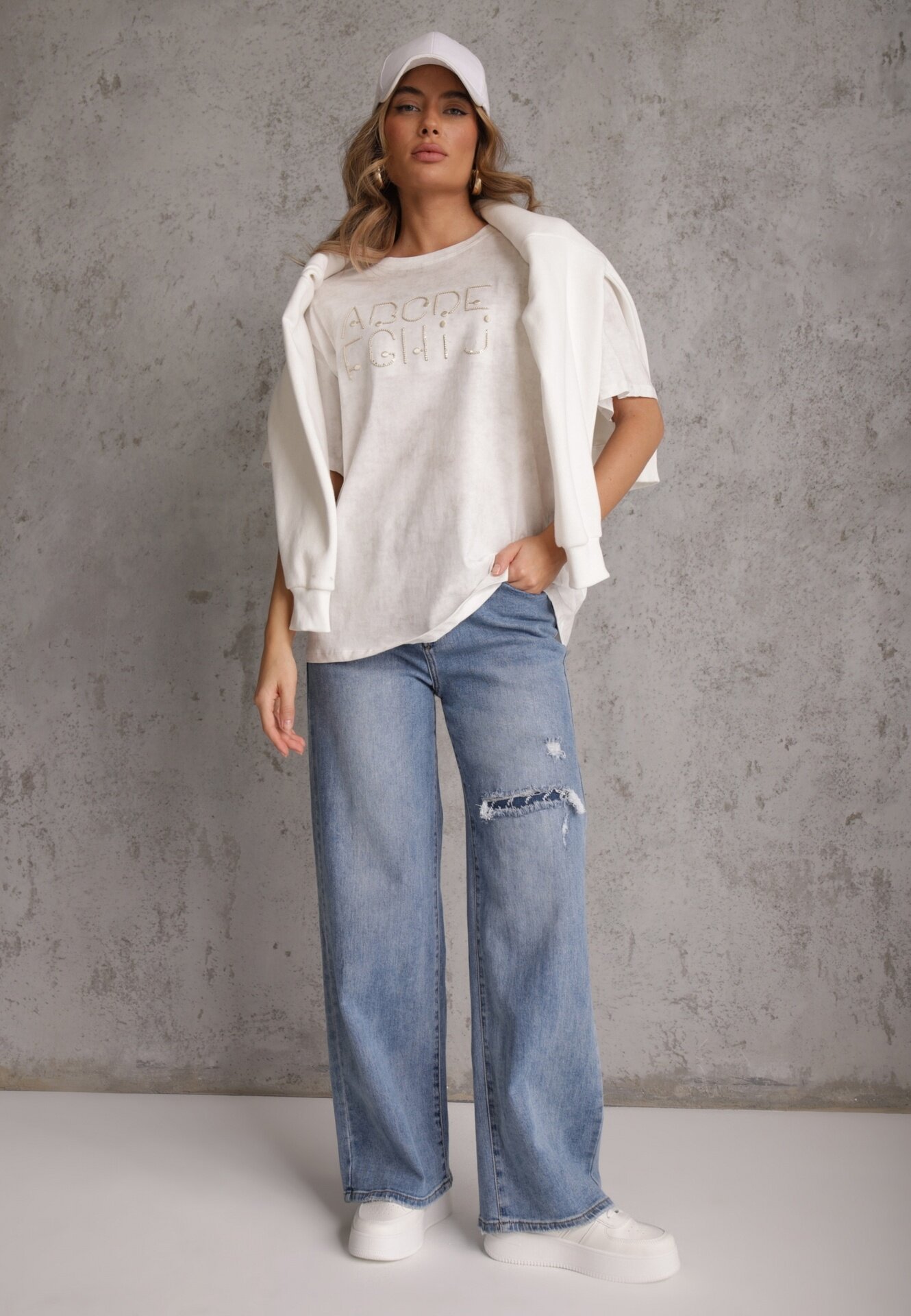 romee's Tricou Alb din bumbac Oversize cu Text Brodat cu Paiete Talomora