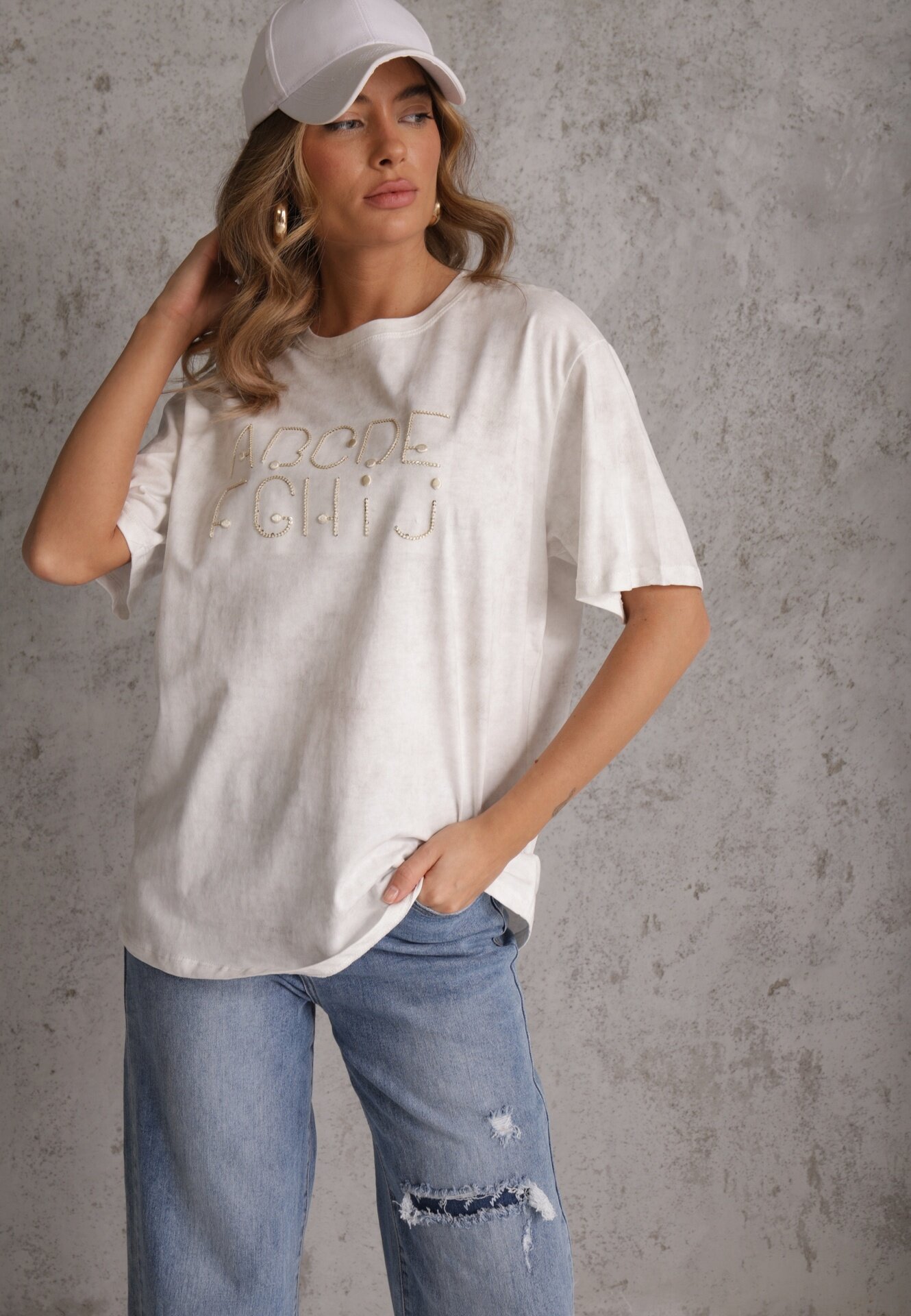 romee's Tricou Alb din bumbac Oversize cu Text Brodat cu Paiete Talomora