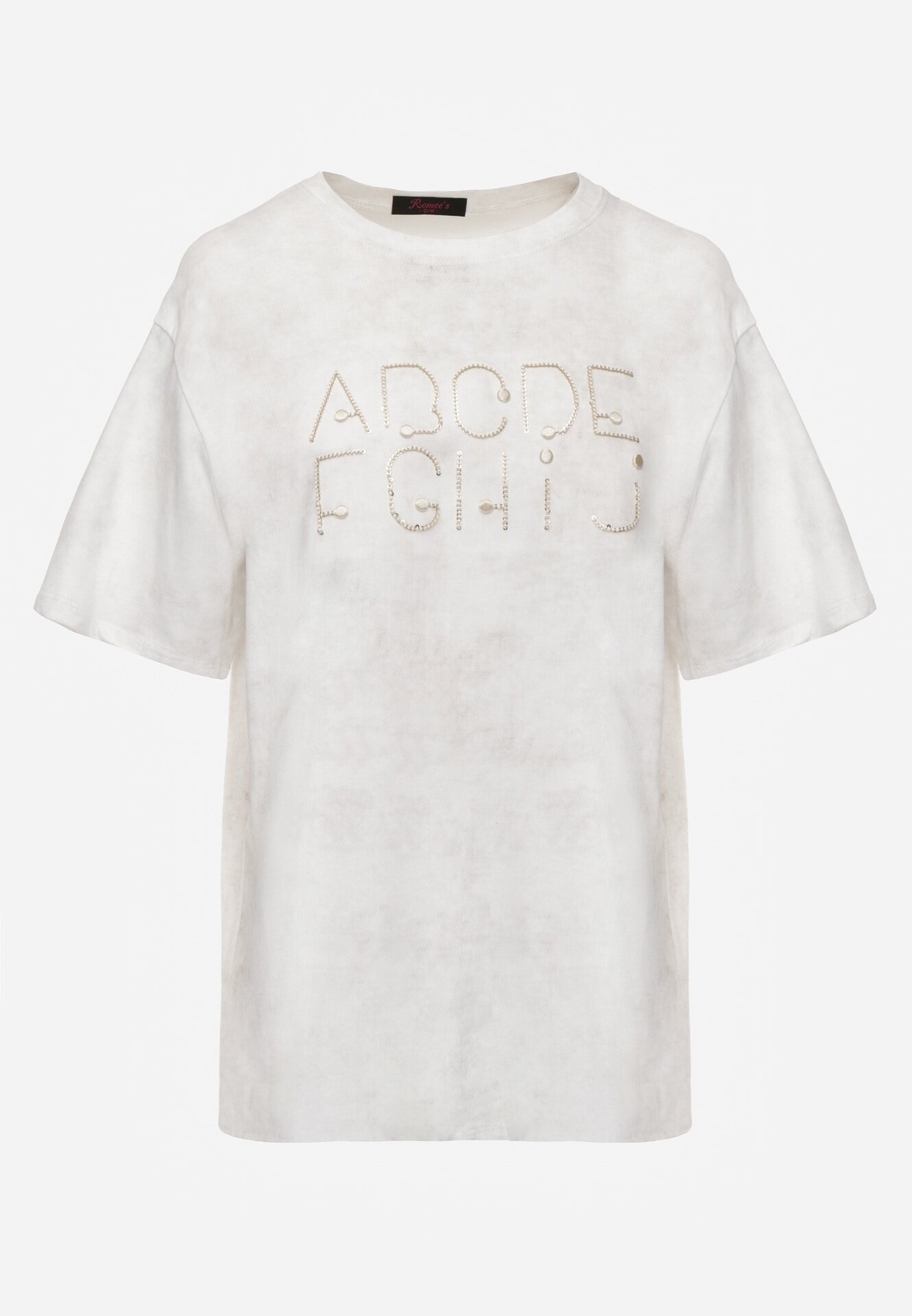 romee's Tricou Alb din bumbac Oversize cu Text Brodat cu Paiete Talomora