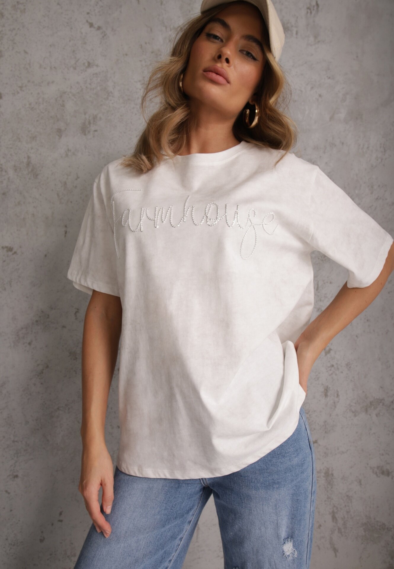 romee's Tricou Alb Oversize din Bumbac Decorat cu Broderie cu Paiete Marivia