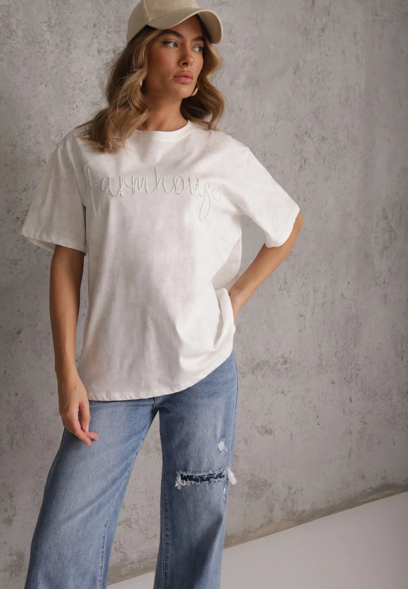 romee's Tricou Alb Oversize din Bumbac Decorat cu Broderie cu Paiete Marivia