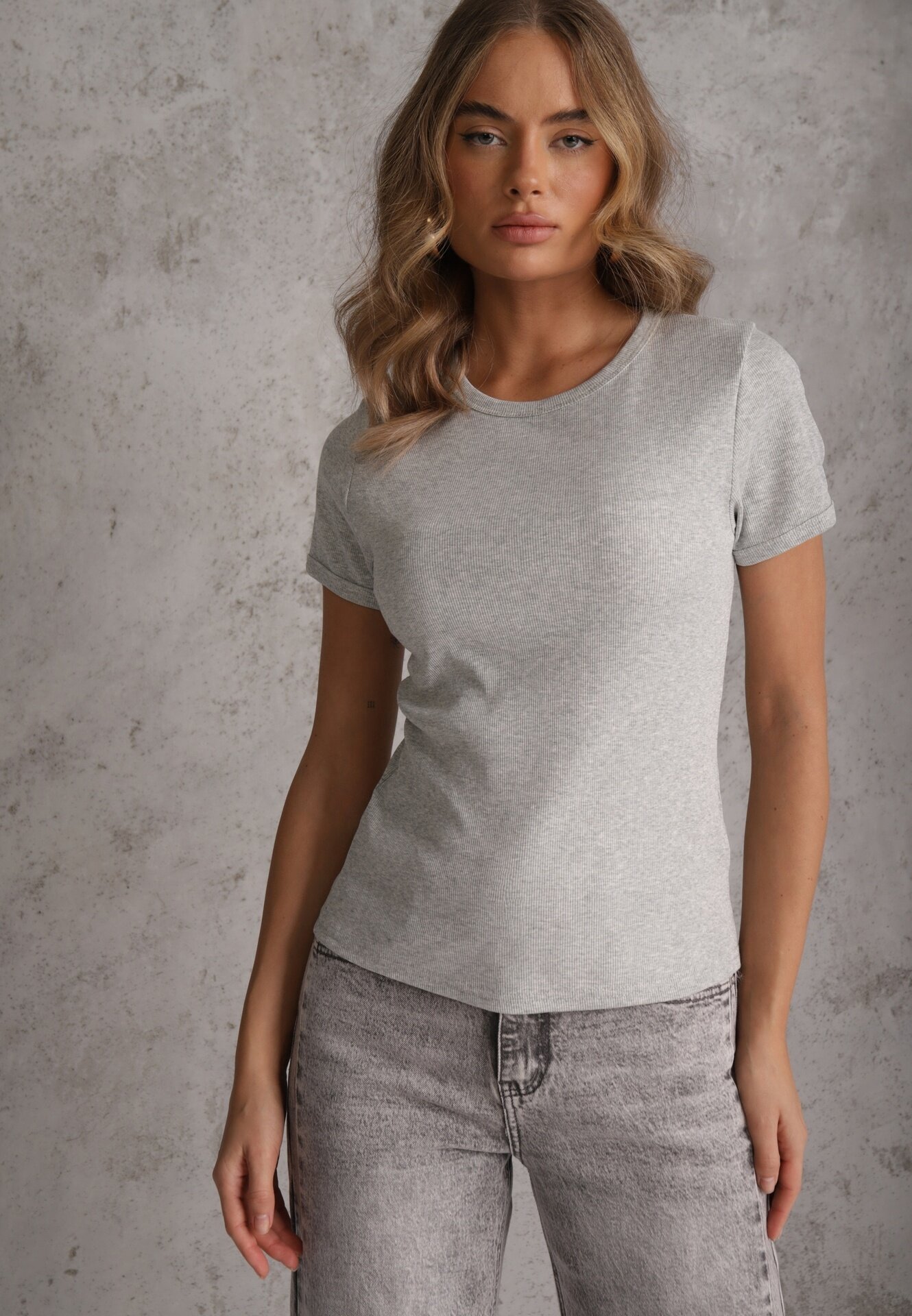 romee's Tricou Gri De Bumbac Croială Ajustată Din Material Reiat Lailya