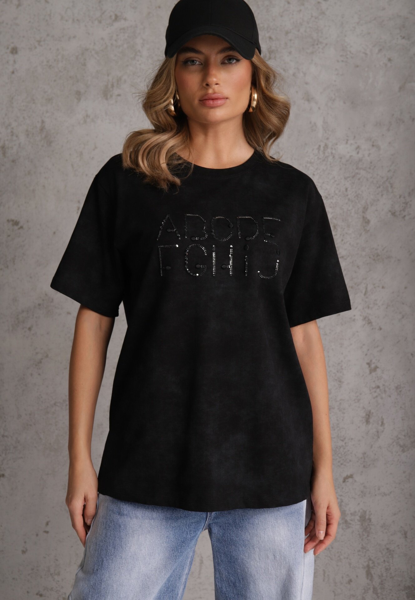 romee's Tricou oversize negru de bumbac cu inscripție brodată cu paiete Talomora
