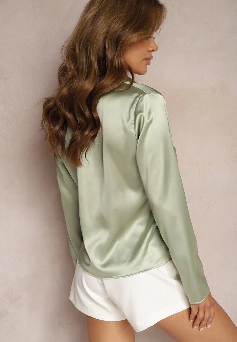 rosa Bluză Cămașă Verde din Satin în Stil Retro Finisată cu Legătură Decorativă Branea