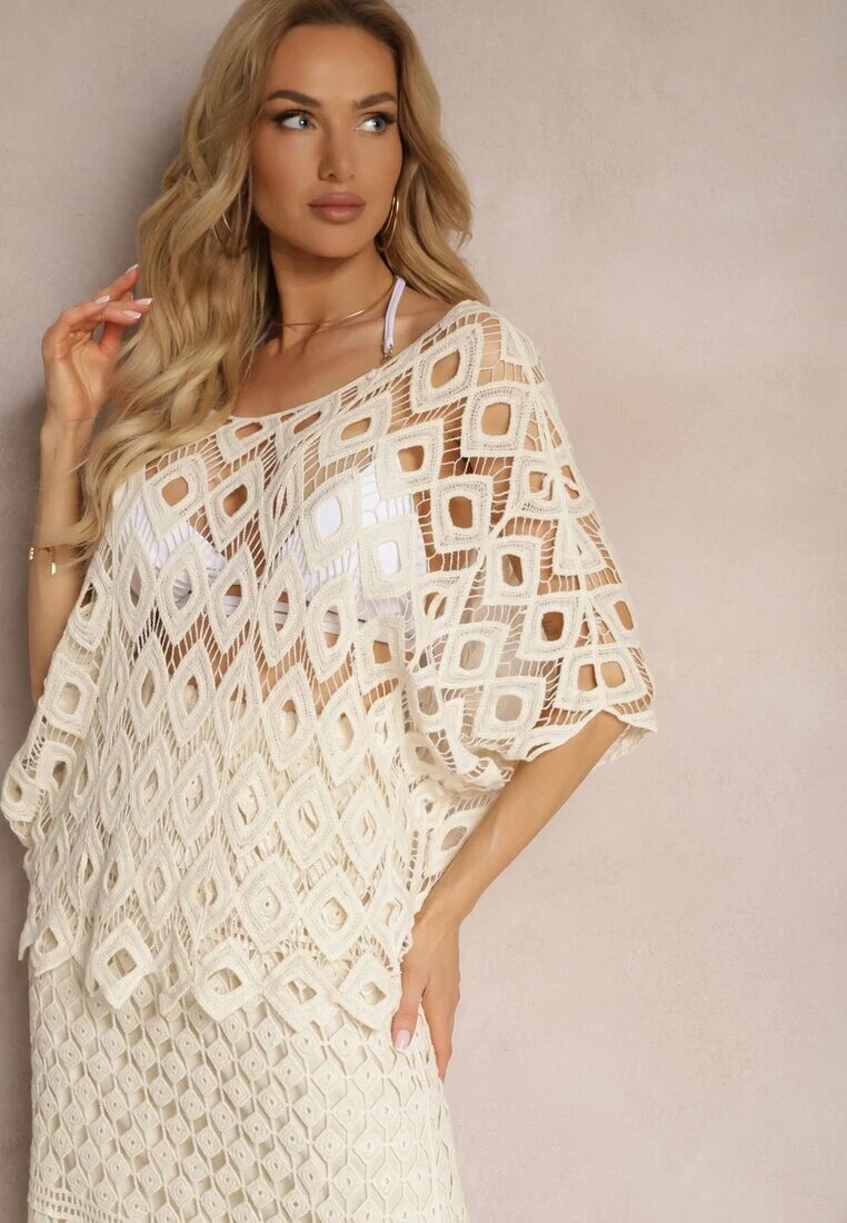 rosa Bluză Cardigan Bej Perforată din bumbac cu mâneci evazate Wavana