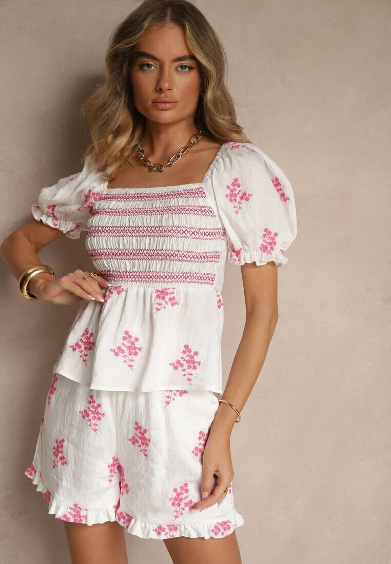 rosa Bluză Fucsia din Bumbac cu Decolteu Spaniol și Broderii Nilissa