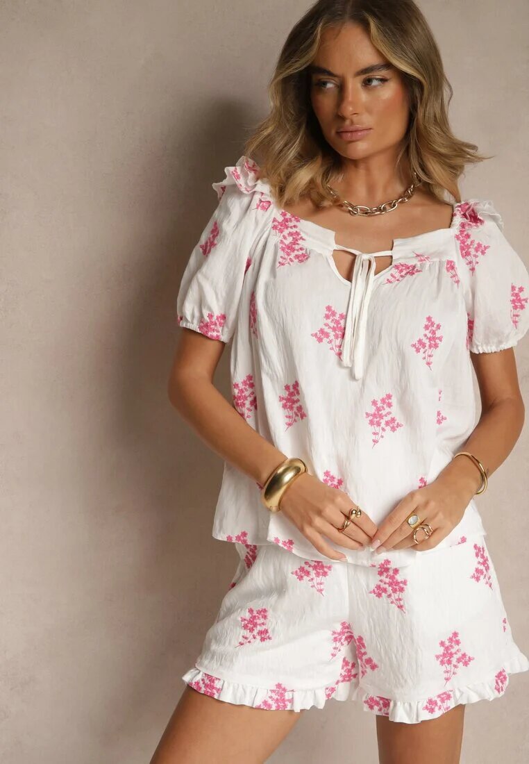 rosa Bluză Fucsie din Viscoză cu Legătură la Decolteu și Broderii Nilamessa