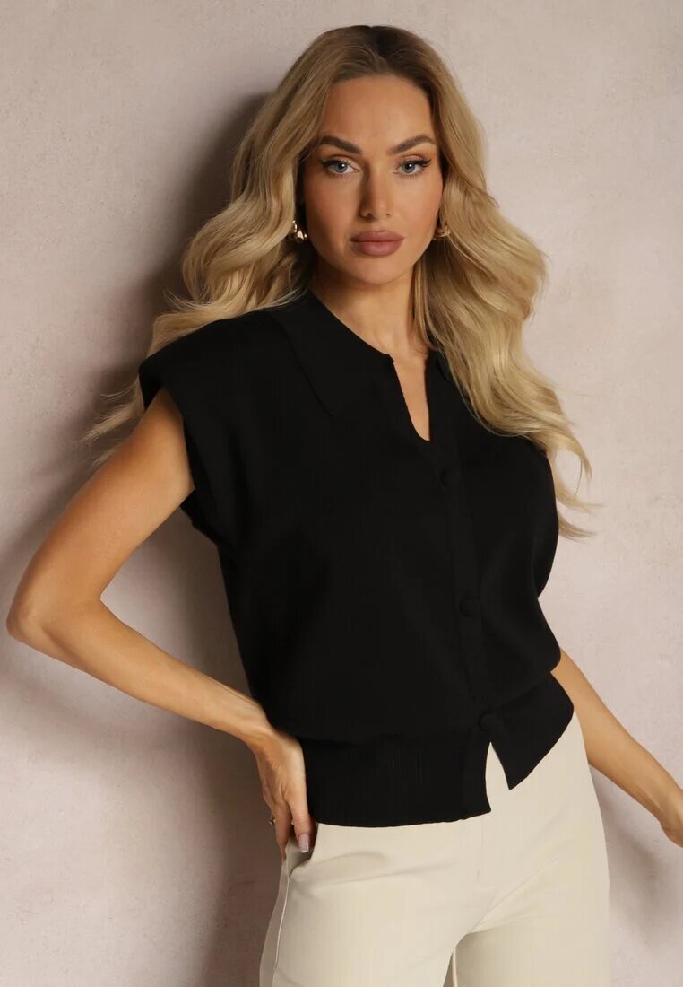 rosa Bluză Polo Casual Neagră stil de vestă tricotată cu umeri întăriți Aidelma
