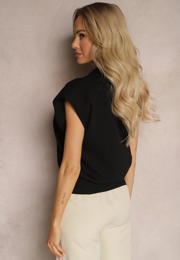 rosa Bluză Polo Casual Neagră stil de vestă tricotată cu umeri întăriți Aidelma