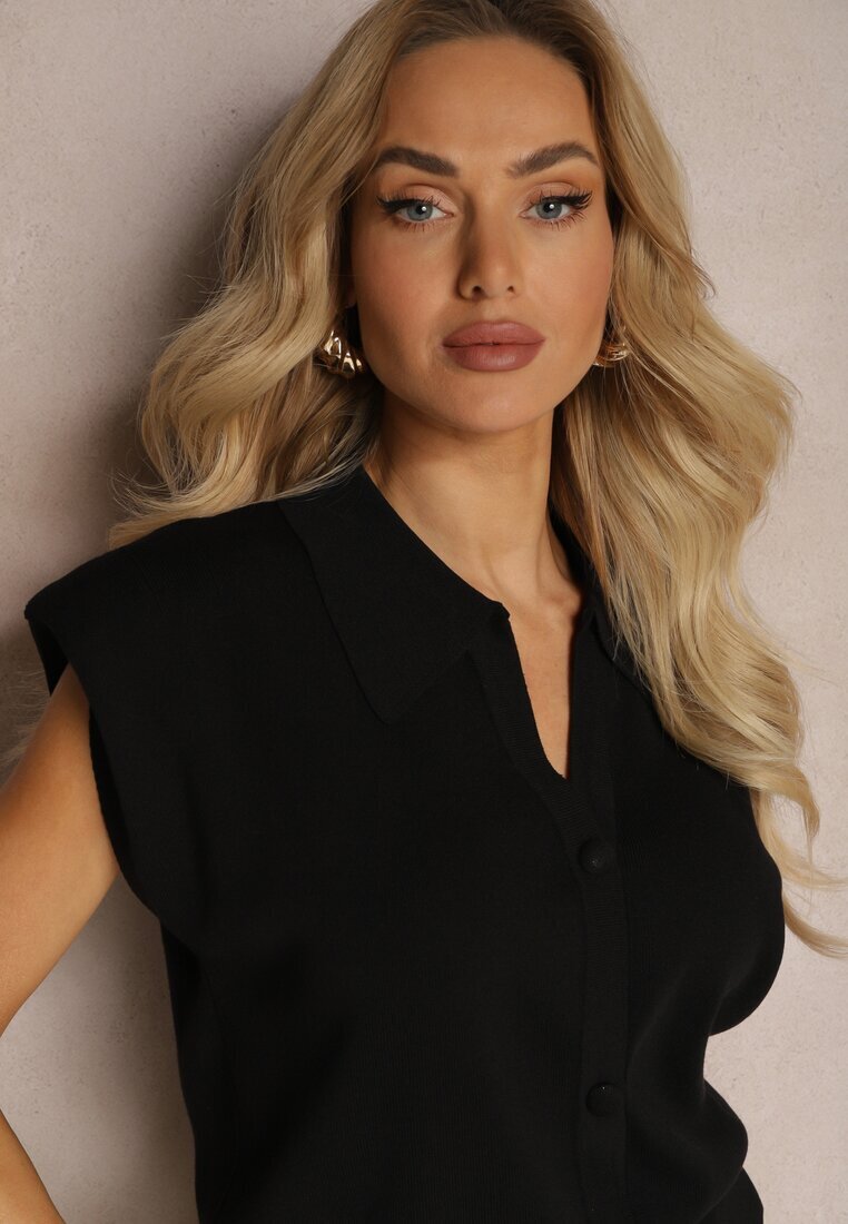 rosa Bluză Polo Casual Neagră stil de vestă tricotată cu umeri întăriți Aidelma