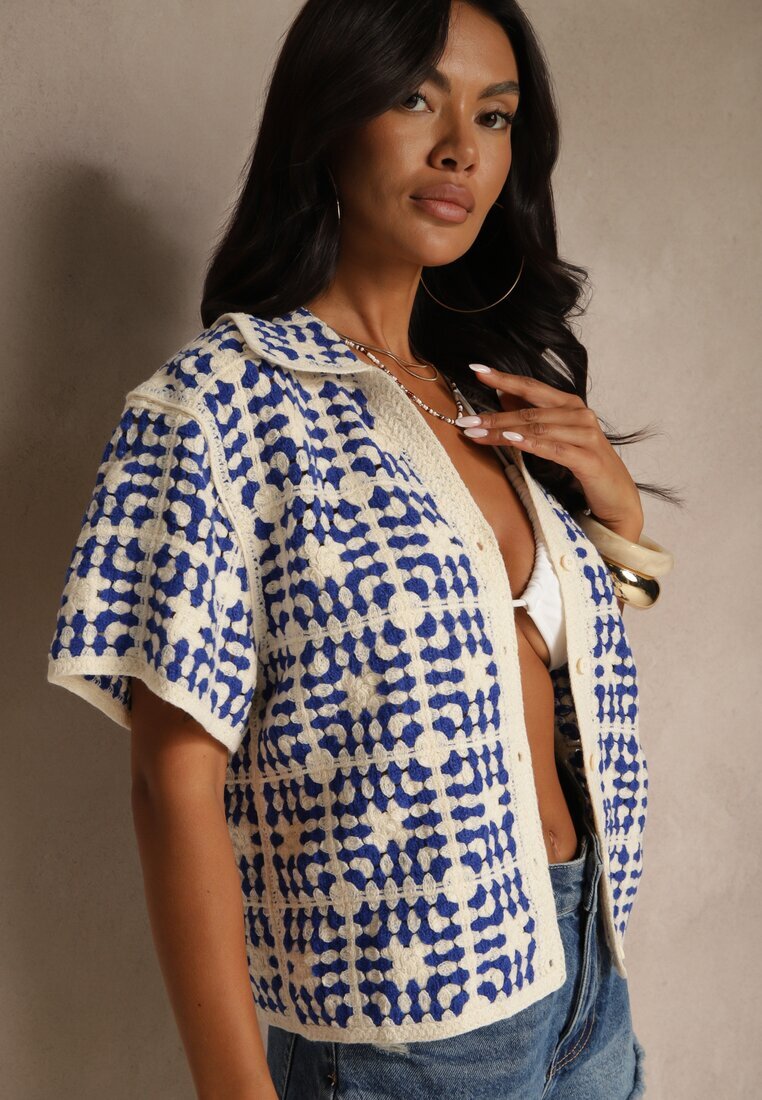 rosa Cămașă Albastră din Bumbac Decorată cu Model Geometric Melundria