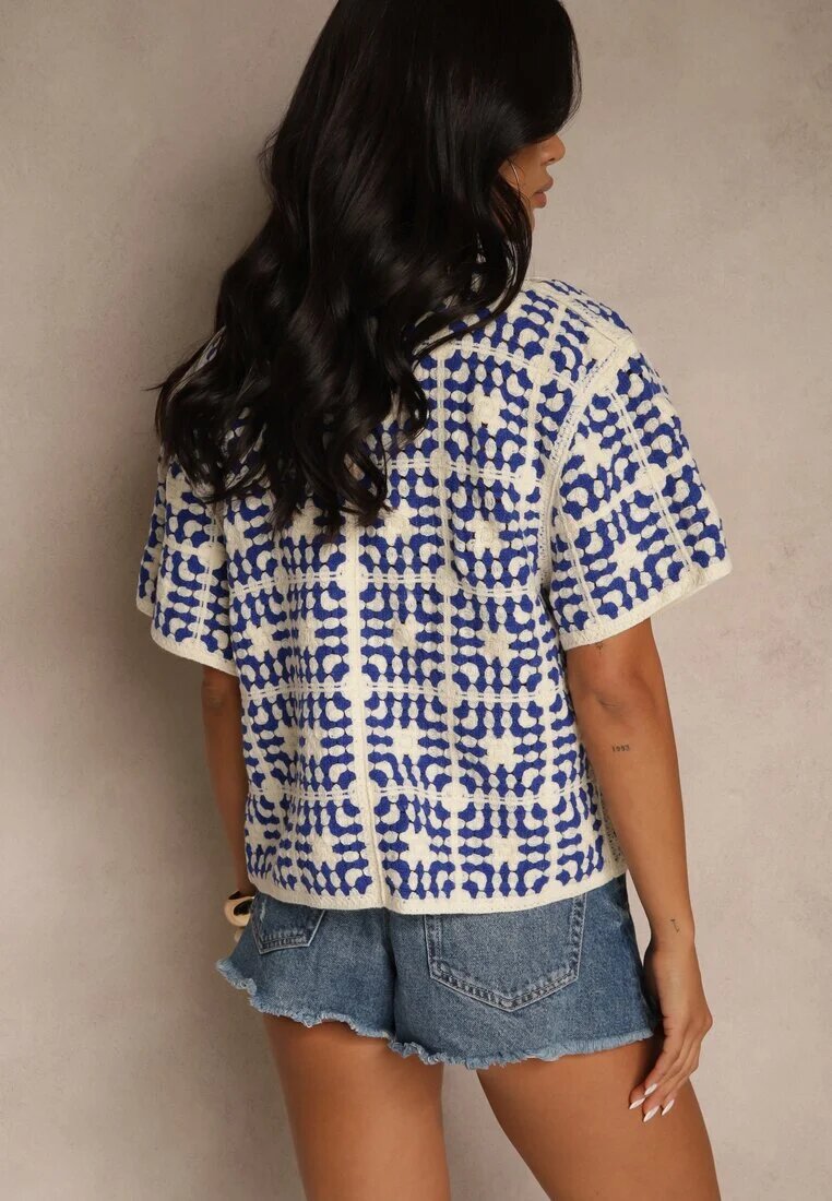 rosa Cămașă Albastră din Bumbac Decorată cu Model Geometric Melundria
