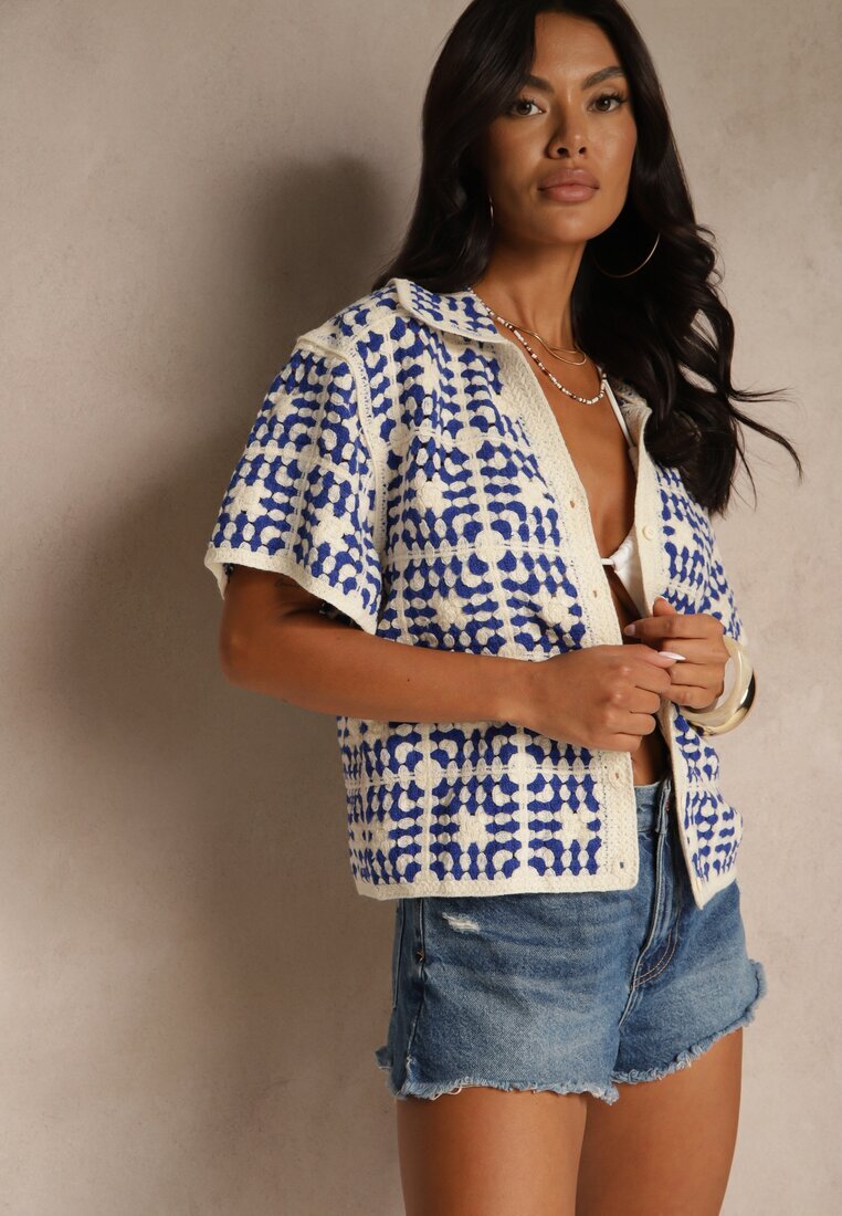 rosa Cămașă Albastră din Bumbac Decorată cu Model Geometric Melundria