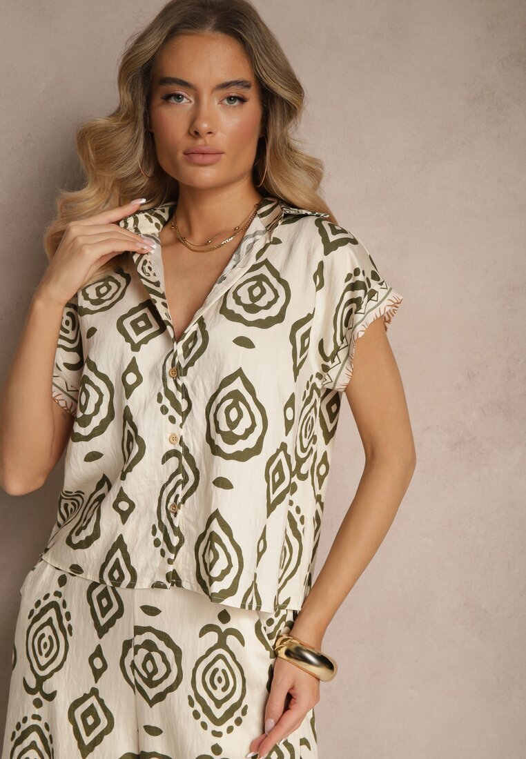 rosa Cămașă Bej și Verde cu Mânecă Scurtă din Viscoză Decorată cu Model Ornamental Animira