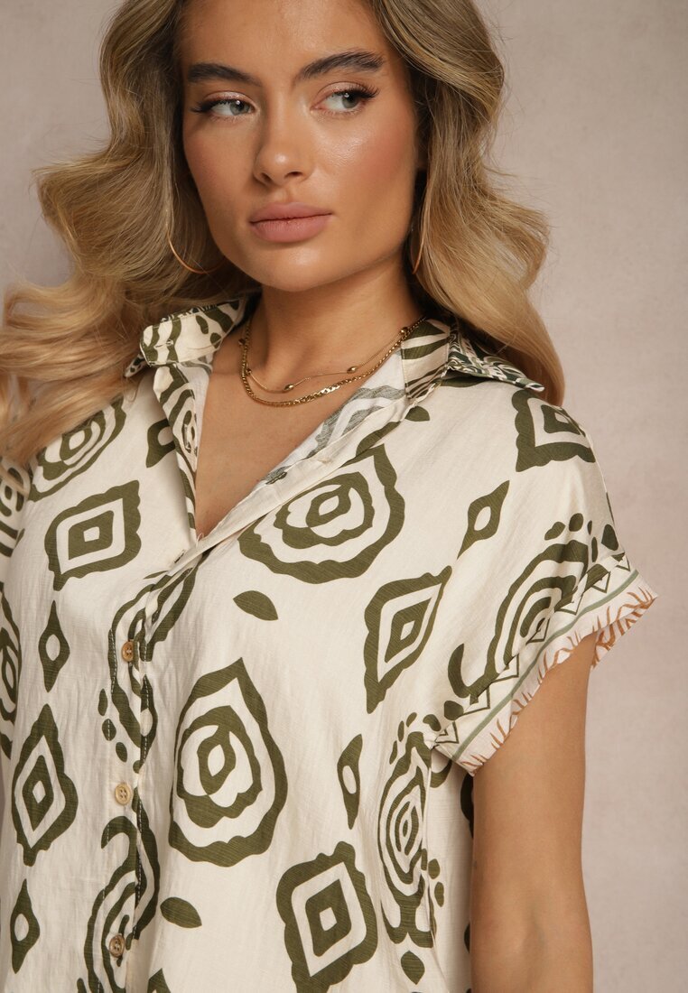 rosa Cămașă Bej și Verde cu Mânecă Scurtă din Viscoză Decorată cu Model Ornamental Animira