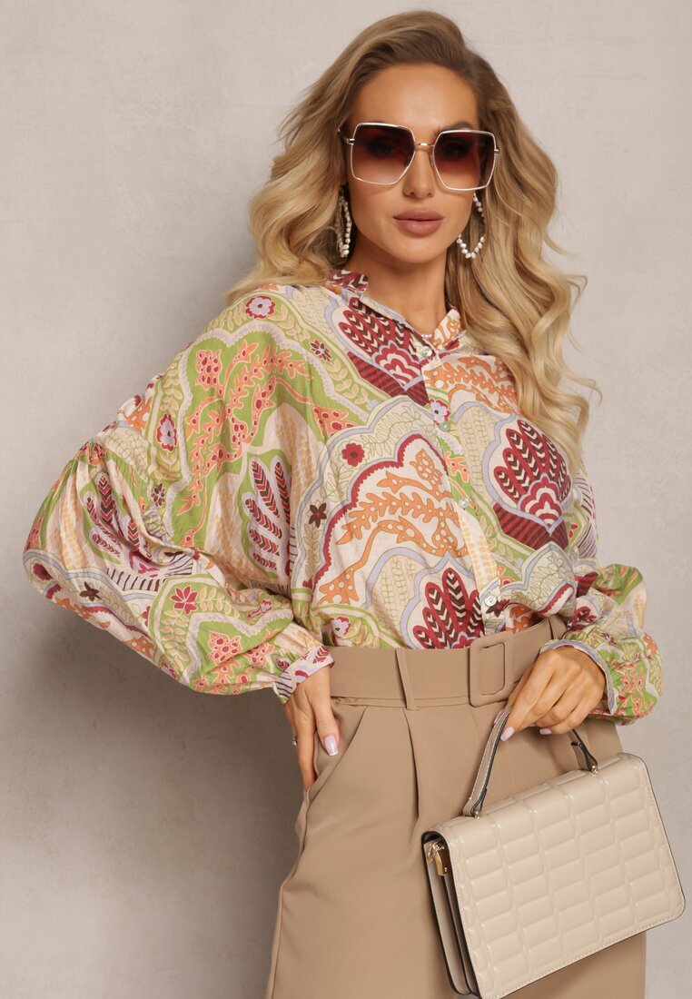 rosa Cămașă bej-verde cu Viscoză închisă cu nasturi cu model modern cu ornamente Mingula