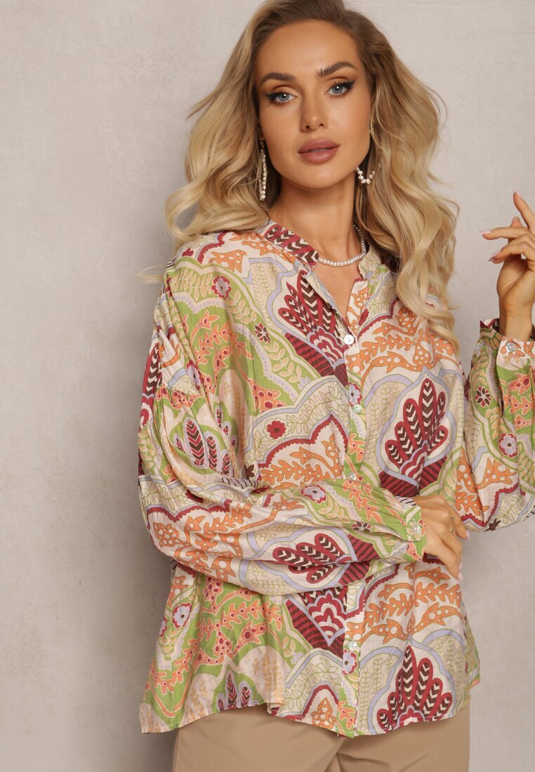rosa Cămașă bej-verde cu Viscoză închisă cu nasturi cu model modern cu ornamente Mingula