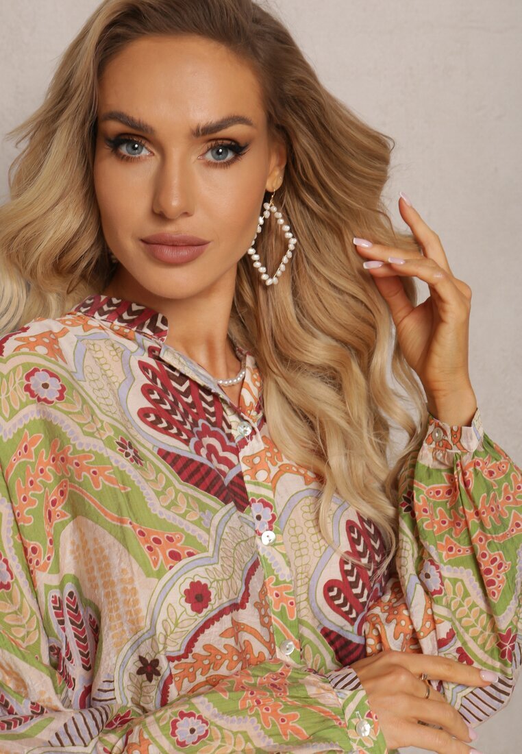 rosa Cămașă bej-verde cu Viscoză închisă cu nasturi cu model modern cu ornamente Mingula