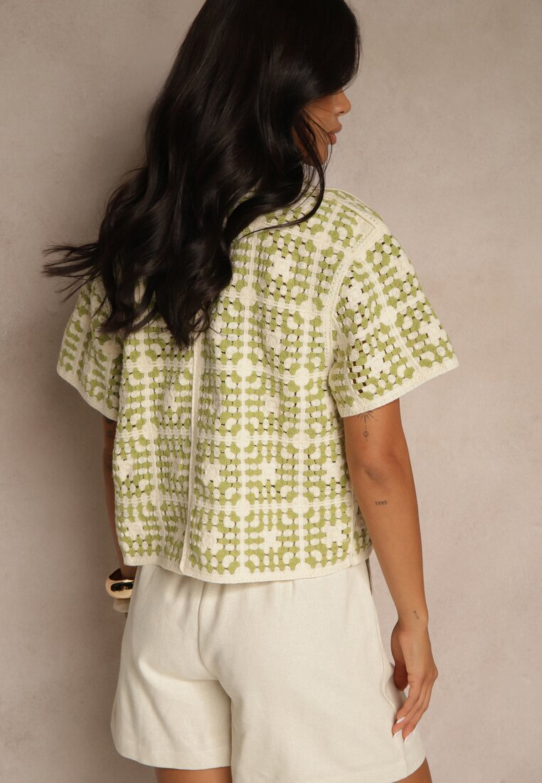 rosa Cămașă Verde din Bumbac Decorată cu Model Geometric Melundria