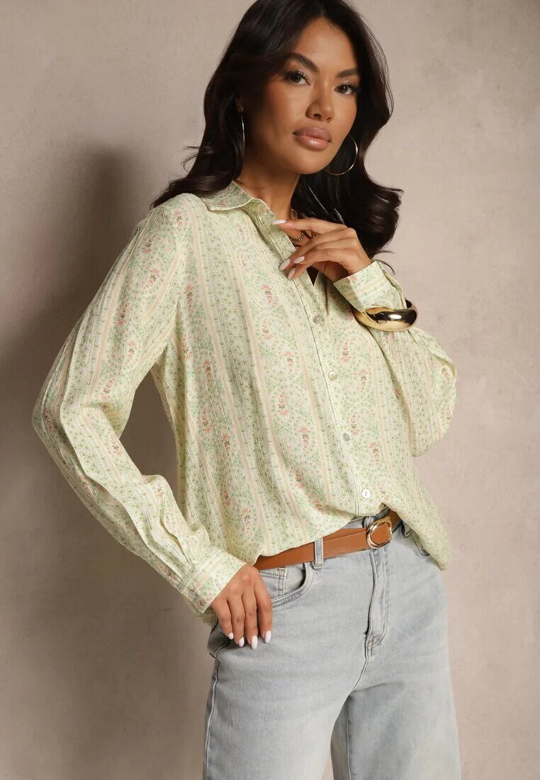 rosa Cămașă Verde din viscoză Decorată cu model floral discret Aredina