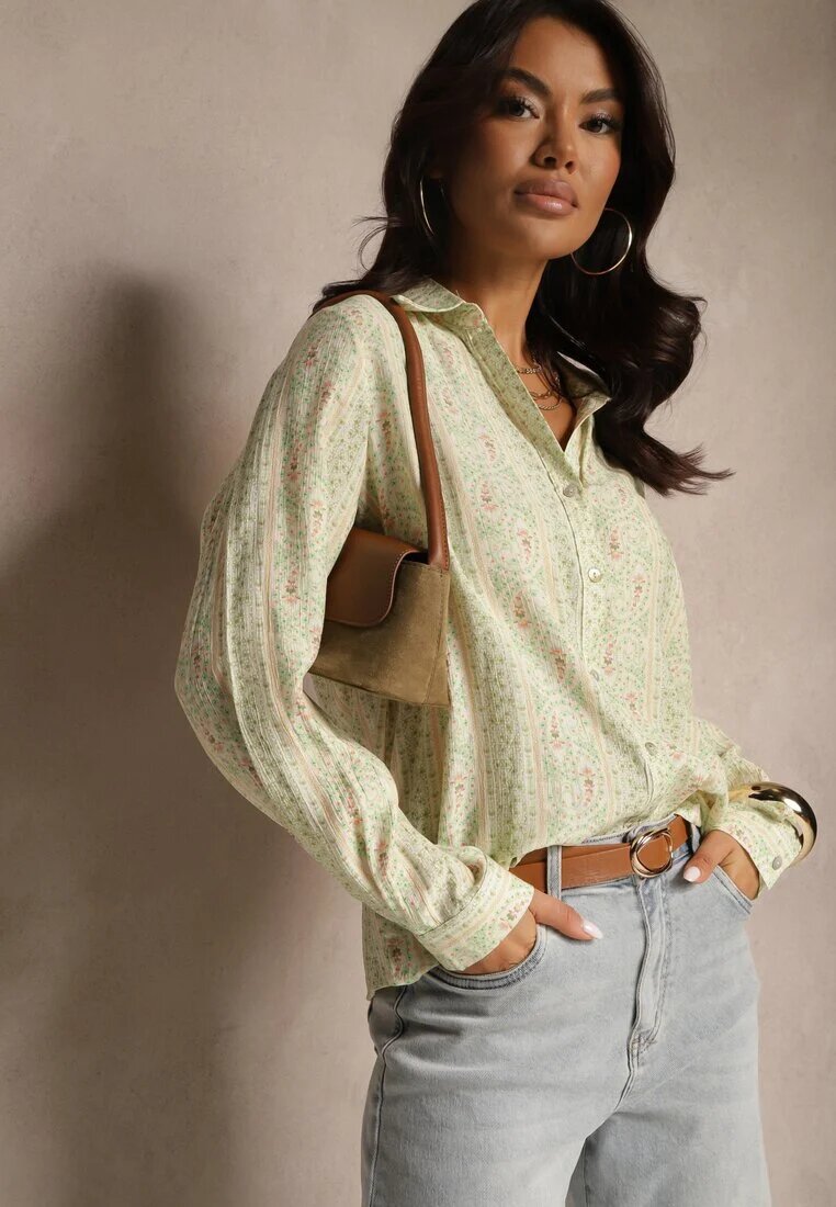 rosa Cămașă Verde din viscoză Decorată cu model floral discret Aredina